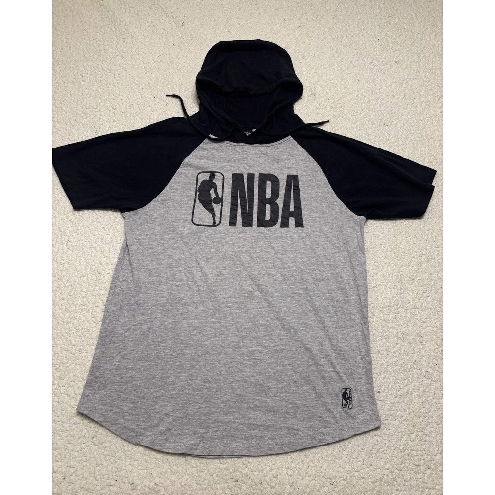 NBA Mens Hooded T-shirt Size L Gray Black Raglan Sleeve Colorblock Short Sleeve